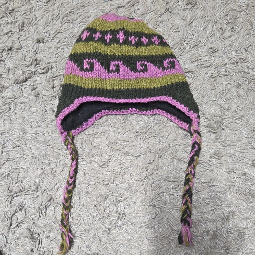 Pink and Green Knit Earflap Hat